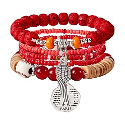 Red 5Pcs 5 Style Wood & Glass Seed & Acrylic Beaded Stretch Bracelets Set with Baseball, Bohemian Stackable Bracelets with Alloy Wings & Pairs Charm for Women, Red, 7-1/8 inch(18cm), 1Pc/style