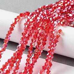 Rouge Chapelets de perles en verre, de couleur plaquée ab , facette, Toupie, rouge, 4x4mm, Trou: 1mm, Environ 92~96 pcs/chapelet, 13.78~14.37 pouce