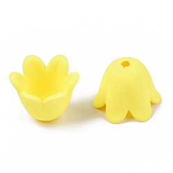 Yellow Rubberized Style Opaque Acrylic Bead Caps, 6-Petal, Flower, Yellow, 11.5x10.5x8.7mm, Hole: 1.3mm