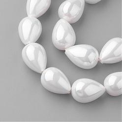 Blanc Chapelets de perles nacrées, larme, blanc, 13~14x9~10mm, Trou: 1mm, Environ 29 pcs/chapelet, 15.7 pouce