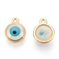 White Epoxy Resin Enamel Evil Eye Charms, with Rack Plating Light Gold Tone Alloy Open Back Bezel, Cadmium Free & Nickel Free & Lead Free, White, 10x8x1.5~2.5mm, Hole: 1mm