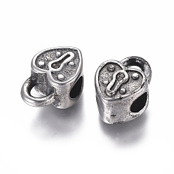 Antique Silver 304 Stainless Steel European Beads, Large Hole Beads, Heart Lock, Antique Silver, 15.5x11x8.5mm, Hole: 5mm