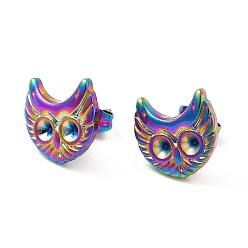 Rainbow Color Ion Plating(IP) 304 Stainless Steel Stud Earring Findings, Earring Settings for Rhinestone, Owl, Rainbow Color, 11.5x12mm, Pin: 0.8mm, Fit for Rhinestone: 2.5mm