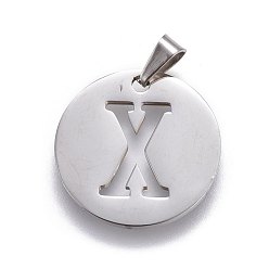 Letter X 201 Stainless Steel Pendants, Flat Round with Letter, Stainless Steel Color, Letter.X, 24.5x19.7x1.3mm, Hole: 4x3mm