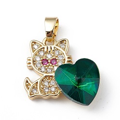 Dark Green Real 18K Gold Plated Rack Plating Brass Micro Pave Cubic Zirconia Pendants, with Glass, Long-Lasting Plated, Cadmium Free & Lead Free, Cat with Heart, Dark Green, 21x19.5x7.5mm, Hole: 3.5x5mm