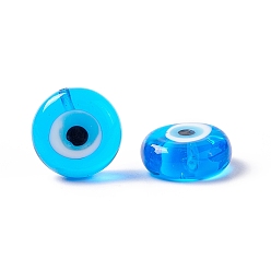 Deep Sky Blue Handmade Evil Eye Lampwork Beads, Half Drilled, Flat Round, Deep Sky Blue, 12~12.5x5mm, Hole: 1.2mm
