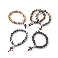 Mixed Stone Natural/Synthetic Round Mixed Stone Stretch Bracelets, with Alloy Guru Bead Sets, Burlap Packing, Antique Silver, 2-1/8 inch(5.5cm), Bag: 12x8.5x3cm