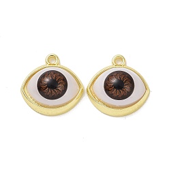 Brun De Noix De Coco Placage en rack alliage d'or clair pandants acryliques, mauvais œil, brun coco, 17x16.5x7~7.5mm, Trou: 1.5mm