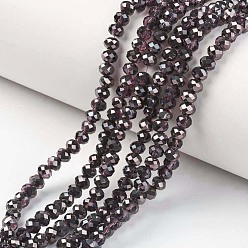 Coconut Brown Electroplate Transparent Glass Beads Strands, Half Black Plated, Faceted, Rondelle, Coconut Brown, 4x3mm, Hole: 0.4mm, about 123~127pcs/strand, 16.5~16.9 inch(42~43cm)