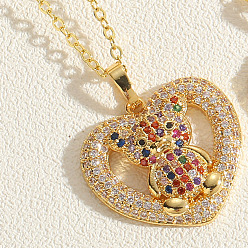 Colorful Real 14K Gold Plated Brass Cubic Zircon Pendant Necklace for Women, Heart with Bear, Colorful, 17.72 inch(45cm)