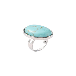 Synthetic Turquoise Gemstone Rings, Synthetic Turquoise, with Platinum Brass Findings, Oval, Adjustable, Sky Blue, 18mm