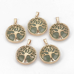 Green Aventurine Natural Green Aventurine Pendants, with Brass Findings, Flat Round with Tree of Life, Golden, 30.5x27x8mm, Hole: 7x3mm