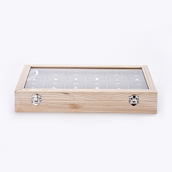 Blanc Antique Boîtes de présentation en bois, avec la glace, 18 plateau de présentation suspendu empilable avec couvercle transparent, rectangle, blanc antique, 35x24x5.5 cm
