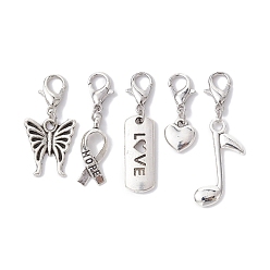 Antique Silver & Platinum Alloy Pendant Decorations, with Lobster Claw Clasps, Butterfly/Awareness Ribbon/Heart/Rectangle/Musical Note, Antique Silver & Platinum, 22.5~37mm
