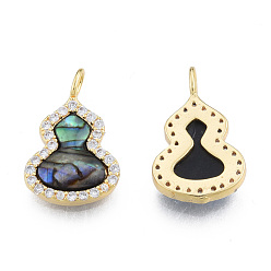Colorful Brass Micro Pave Clear Cubic Zirconia Charms, with Synthetic Abalone Shell/Paua Shells and Jump Rings, Real 18K Gold Plated, Nickel Free, Gourd, Colorful, 17.5x11x3.5mm, Hole: 2~2.5mm