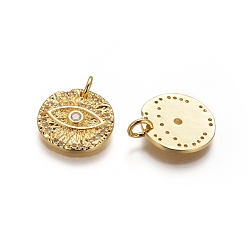 Golden Brass Rough Surface Charms, with Micro Pave Cubic Zirconia and Jump Rings, Flat Round with Evil Eye, Clear, Golden, 14.5x2mm, Hole: 3mm