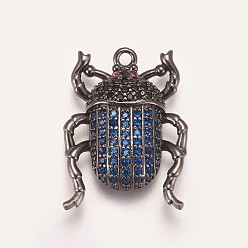 Gunmetal Brass Micro Pave Cubic Zirconia Pendants, Beetle, Blue, Gunmetal, 22.5x16.5x4mm, Hole: 1.5mm
