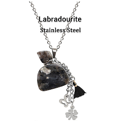 Labradorite Collier pendentif bouteille de parfum labradorite naturelle avec breloques fleur papillon et gland en acier inoxydable, bijoux de fiole d'huile essentielle pour les femmes, 18.11 pouce (46 cm)