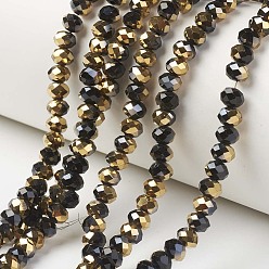 Noir Plaquer des brins de perles de verre opaques, la moitié plaqué or, facette, rondelle, noir, 6x5mm, Trou: 1mm, Environ 85~88 pcs/chapelet, 16.1~16.5 pouce (41~42 cm)