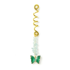 Glass Perles de dreadlocks en alliage, Papillon en verre et copeaux de verre, tressage de pendentifs pour cheveux, clips de décoration, pour la coiffure, 113mm, Trou: 4.5mm, diamètre intérieur: 8 mm