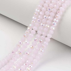 Pink Electroplate Glass Beads Strands, Imitation Jade Beads, Half Plated, Rainbow Plated, Faceted, Rondelle, Pink, 8x6mm, Hole: 1mm, about 65~68pcs/strand, 15.7~16.1 inch(40~41cm)