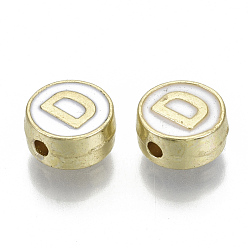 Letter D Alloy Enamel Beads, Cadmium Free & Nickel Free & Lead Free, Flat Round with Initial Letters, Light Gold, Letter.D, 8x4mm, Hole: 1.5mm