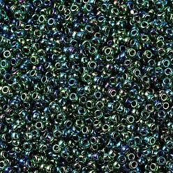 (RR344) Lined Green AB Perles rocailles miyuki rondes, perles de rocaille japonais, (rr 344) doublé vert ab, 11/0, 2x1.3mm, trou: 0.8 mm, environ 5500 pcs / 50 g