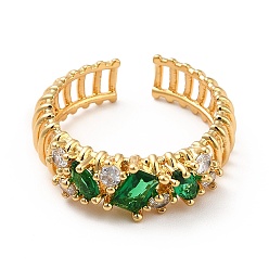 Зеленый Кольцо-манжета из латуни с кубическим цирконием, открытое кольцо для женщин, реальный 18 k позолоченный, зелёные, размер США 7 1/4 (17.5 мм)