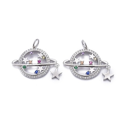 Real Platinum Plated Brass Micro Pave Colorful Cubic Zirconia Pendants, with Jump Rings, Long-Lasting Plated, Star with Star, Real Platinum Plated, 18x24x3mm