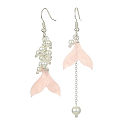 Pink Resin Mermaid Tail Asymmetrical Earrings, Shell Pearl Dangle Earrings with Brass Earring Pins, Pink, 56x19mm, 69.5x19mm