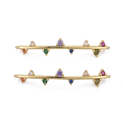 Real 18K Gold Plated Brass Micro Pave Colorful Cubic Zirconia Links Connectors, Long-Lasting Plated, Rectangle, Real 18K Gold Plated, 32x6x6mm, Hole: 0.9mm