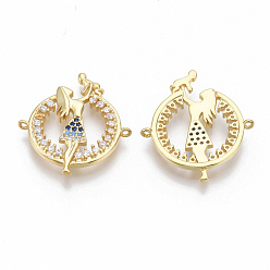 Golden Mother's Day Theme, Brass Micro Pave Cubic Zirconia Links connectors, Flat Round with Mother & Son, Blue & Clear, Golden, 23x25.5x3mm, Hole: 1mm
