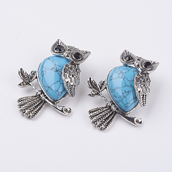 Synthetic Turquoise Synthetic Turquoise Pendants, with Alloy Finding, Owl, Antique Silver, 46.5x35.5x11.5mm, Hole: 6x8.5mm