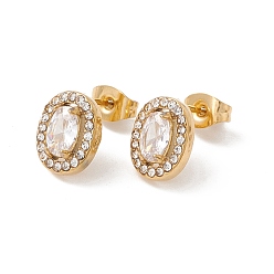 Cristal Aretes ovalados con circonitas cúbicas y diamantes de imitación, chapado de iones (ip) 304 joyas de acero inoxidable para mujer, dorado, Claro, 10x8 mm, pin: 0.6 mm