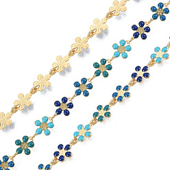 Teal Handmade Brass Enamel Plum Blossom Link Chains, Unwelded, with Spool, Golden, Nickel Free, Teal, 9x6x1mm, about 16.40 Feet(5m)/Roll