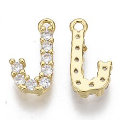 Letter J Brass Micro Pave Cubic Zirconia Charms, Nickel Free, Letter, Clear, Real 18K Gold Plated, Letter.J, 13.5x7x2.5mm, Hole: 1.2mm