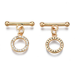 Real 18K Gold Plated Brass Micro Pave Clear Cubic Zirconia Toggle Clasps, Nickel Free, Ring, Real 18K Gold Plated, Ring: 12.5x10.5x2mm, Bar: 17x6x3mm, Jump Ring: 5x1mm, 3mm inner diameter