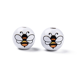 Bees Bees Theme Printed Wooden Beads, Round, White, Bees Pattern, 15.5~16x15mm, Hole: 3.5mm