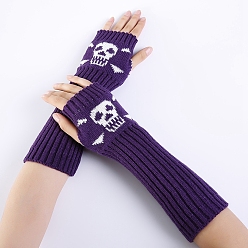 Púrpura Hilo de fibra de poliacrilonitrilo tejer guantes largos sin dedos, calentador de brazos, guantes cálidos de invierno con orificio para el pulgar, Patrón del cráneo, púrpura, 295~330x80 mm