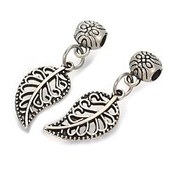 Antique Silver Alloy Pendants, with Tube Bails, Leaf, Filigree, Antique Silver, 28x10x1mm, Hole: 2.5mm