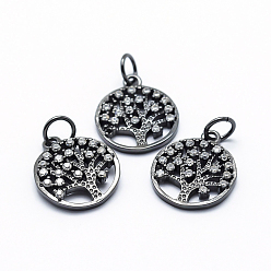Gunmetal Brass Micro Pave Cubic Zirconia Charms, Flat Round with Tree of Life, Gunmetal, 15x12.5x2mm, Hole: 3mm