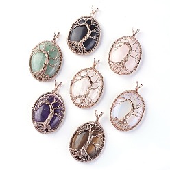 Mixed Stone Natural & Synthetic Mixed Stone Big Pendants, with Rose Gold Tone Brass Findings, Oval with Tree of Life, 56~58.5x35~36x12~13.8mm, Hole: 4.2~5.2x4.6~6mm