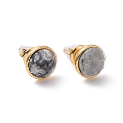 Picasso Jasper Natural Picasso Jasper Flat Round Stud Earrings, Real 24K Gold Plated 304 Stainless Steel Jewelry for Women, 16x9mm, Pin: 0.8mm