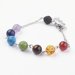 Mixed Stone Chakra Jewelry, 304 Stainless Steel Bracelets, with Gemstone and Lobster Claw Clasps, 7-3/8 inch(188mm)