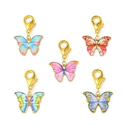 Mixed Color Light Gold Tone Alloy Enamel Butterfly Pendant Decorations, with Lobster Claw Clasps, Mixed Color, 32mm