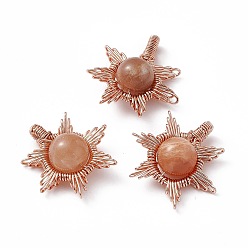Sunstone Natural Sunstone Pendants, Sun Charms, with Rack Plating Rose Gold Tone Brass Findings, Cadmium Free & Lead Free, 26~28x24~28x10mm, Hole: 2x4mm