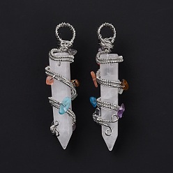 Quartz Crystal Natural Quartz Crystal Pointed Big Pendants, with Platinum Plated Rack Plating Brass Findings and Mixed Stone Chip Beads, Cadmium Free & Lead Free, Faceted, Bullet Charm, 64~68x16~17x16~17mm, Hole: 7.5mm