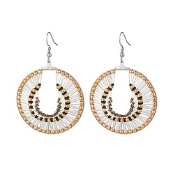 Gold Glass Seed Braided Flat Round Dangle Earrings, 304 Stainless Steel Jewelry for Women, Gold, 67mm, Pin: 0.7mm