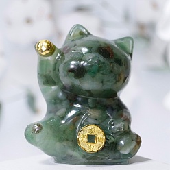 Aventurina Verde Decoraciones de exhibición artesanales de resina y chips de aventurina verde natural, figura de gato de la suerte, para el hogar adorno de feng shui, 63x55x45 mm