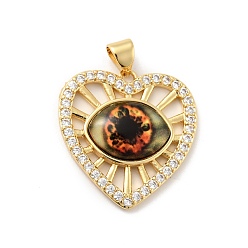 Coral Heart Brass Micro Pave Clear Cubic Zirconia Pendants, with Resin Eyeball, Cadmium Free & Nickel Free & Lead Free, Real 18K Gold Plated, Coral, 24x23x5mm, Hole: 3.5x5mm